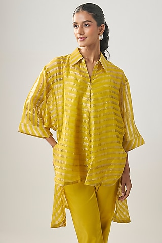 Yellow Banarasi Stripe Shirt by SHRADDHA RAMBHIA