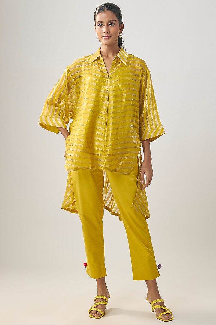 Yellow Banarasi Stripe Shirt by SHRADDHA RAMBHIA at Pernia's Pop Up Shop