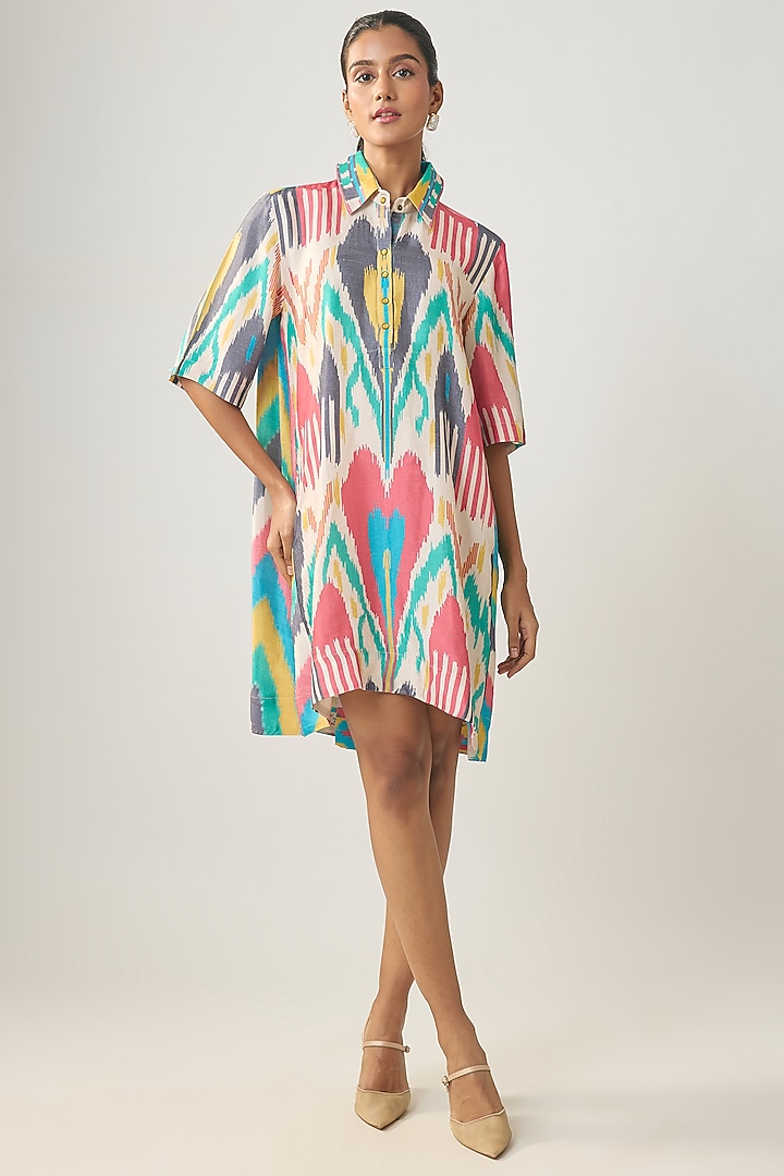 Multi-Colored Satin Raw Silk Ikat Summer Dress by SHRADDHA RAMBHIA at Pernia's Pop Up Shop