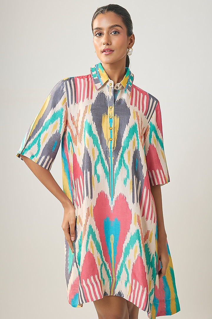 Multi-Colored Satin Raw Silk Ikat Summer Dress by SHRADDHA RAMBHIA at Pernia's Pop Up Shop