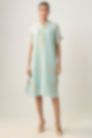 Powder Blue Linen Embroidered Summer Dress by SHRADDHA RAMBHIA at Pernia's Pop Up Shop