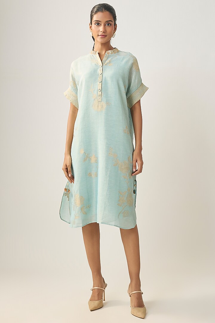 Powder Blue Linen Embroidered Summer Dress by SHRADDHA RAMBHIA at Pernia's Pop Up Shop