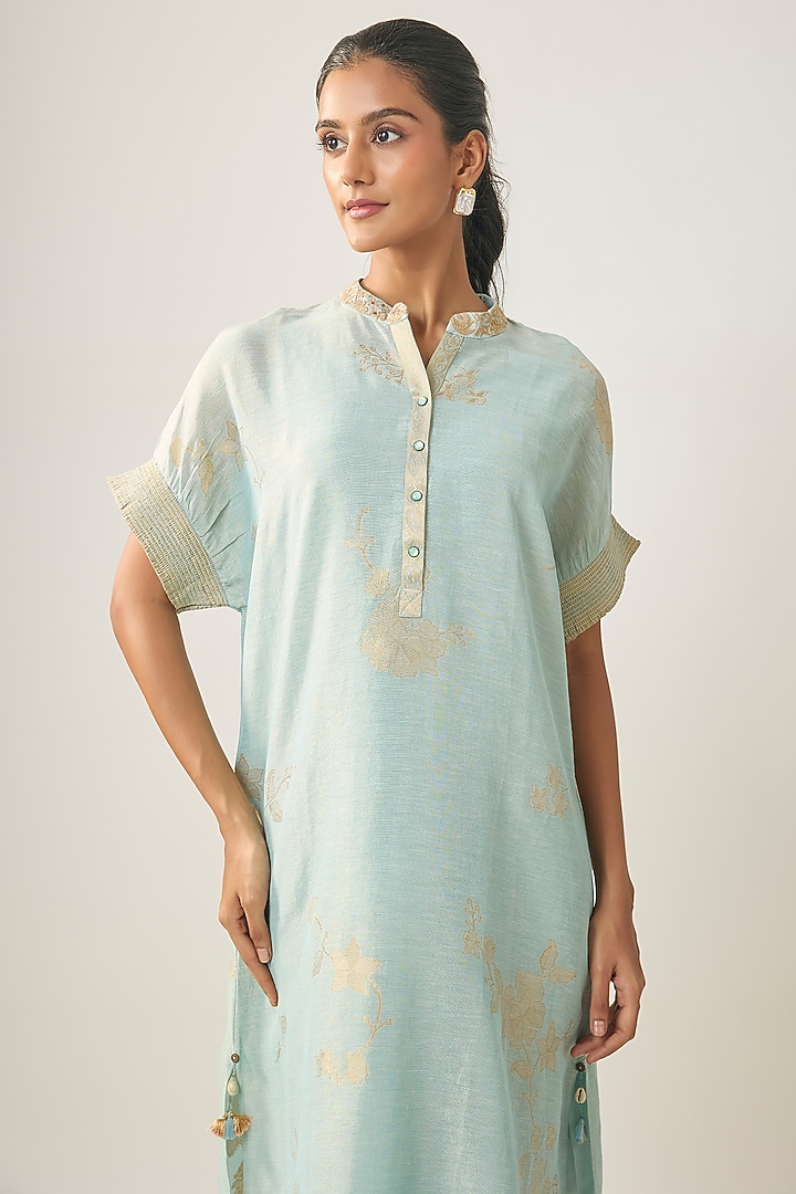 Powder Blue Linen Embroidered Summer Dress by SHRADDHA RAMBHIA at Pernia's Pop Up Shop
