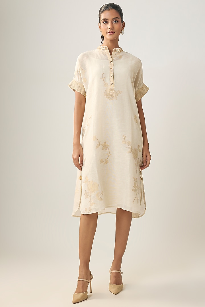 Ivory Linen Embroidered Summer Dress by SHRADDHA RAMBHIA at Pernia's Pop Up Shop