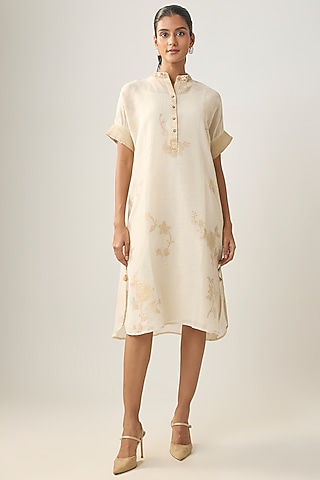 Ivory Linen Embroidered Dress by SHRADDHA RAMBHIA