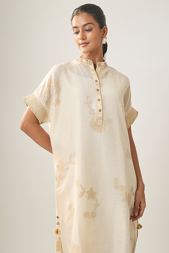 Ivory Linen Embroidered Summer Dress by SHRADDHA RAMBHIA at Pernia's Pop Up Shop