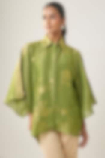 Green Linen Floral Motifs Shirt by SHRADDHA RAMBHIA at Pernia's Pop Up Shop