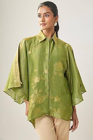 Green Linen Floral Motifs Shirt by SHRADDHA RAMBHIA