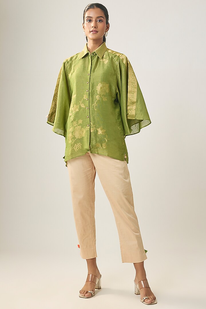 Green Linen Floral Motifs Shirt by SHRADDHA RAMBHIA at Pernia's Pop Up Shop