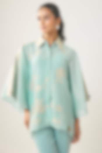 Blue Linen Floral Motifs Shirt by SHRADDHA RAMBHIA at Pernia's Pop Up Shop