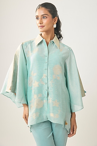 Blue Linen Floral Motifs Shirt by SHRADDHA RAMBHIA