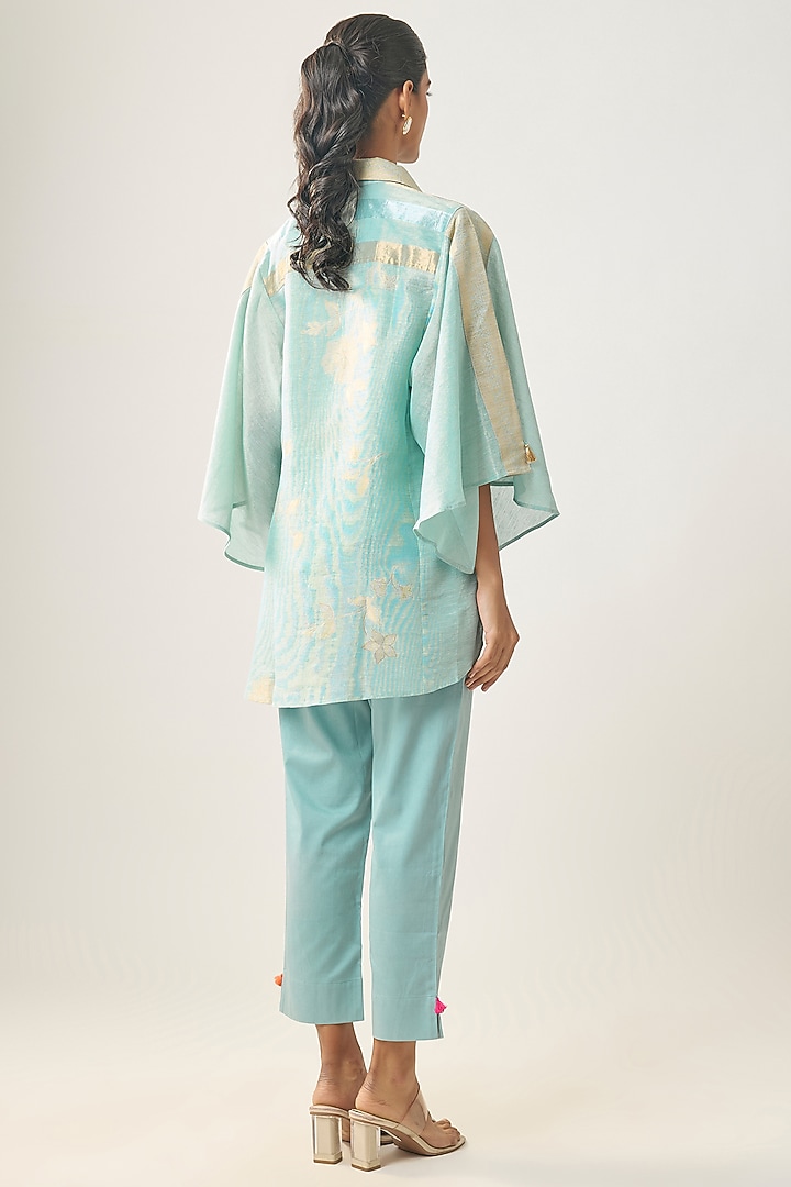Blue Linen Floral Motifs Shirt by SHRADDHA RAMBHIA at Pernia's Pop Up Shop