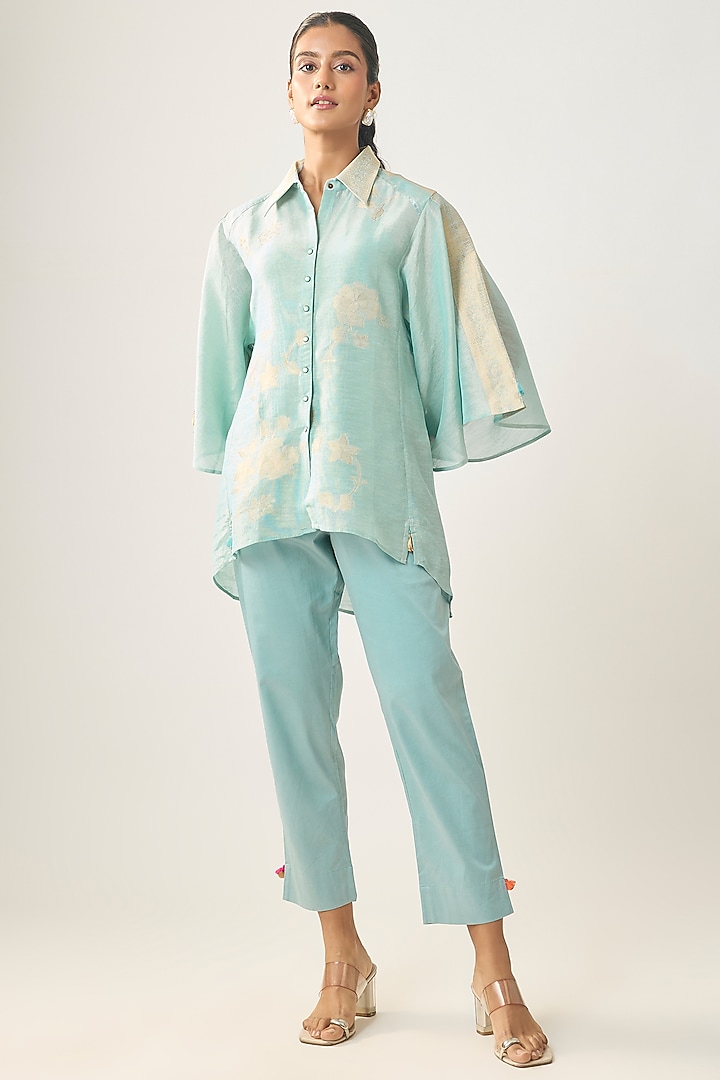 Blue Linen Floral Motifs Shirt by SHRADDHA RAMBHIA at Pernia's Pop Up Shop