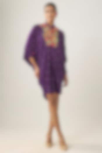 Purple Gajji Silk Resham Embroidered Pleated Summer Dress by SHRADDHA RAMBHIA at Pernia's Pop Up Shop