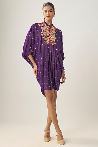 Purple Gajji Silk Resham Embroidered Pleated Dress by SHRADDHA RAMBHIA