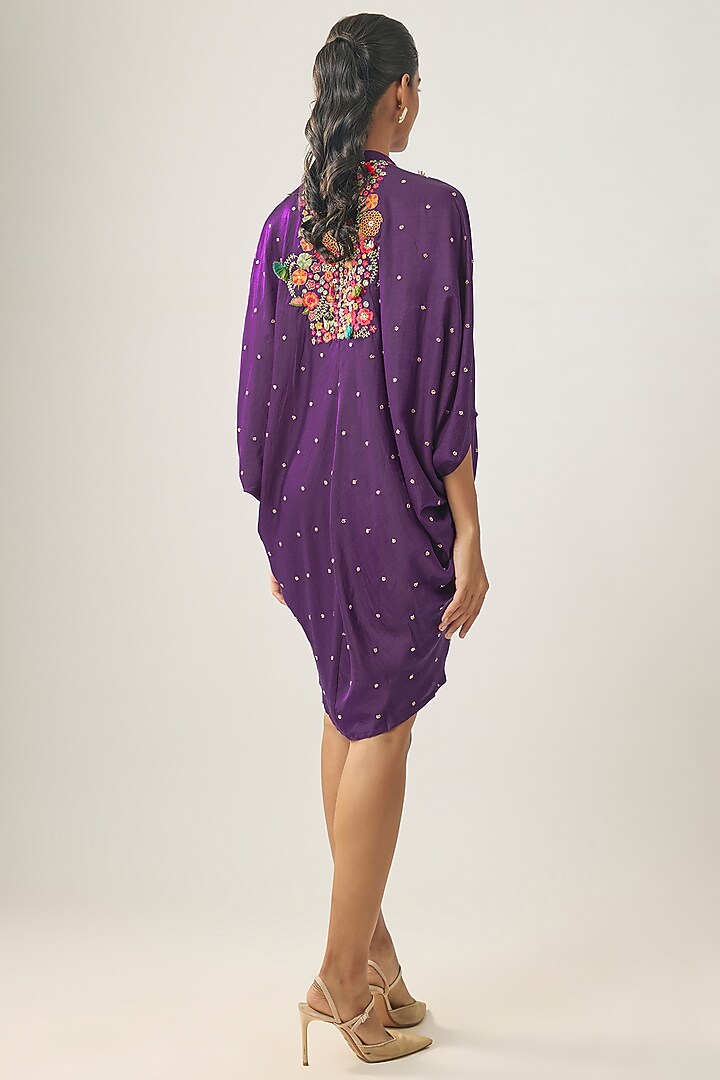 Purple Gajji Silk Resham Embroidered Pleated Summer Dress by SHRADDHA RAMBHIA at Pernia's Pop Up Shop