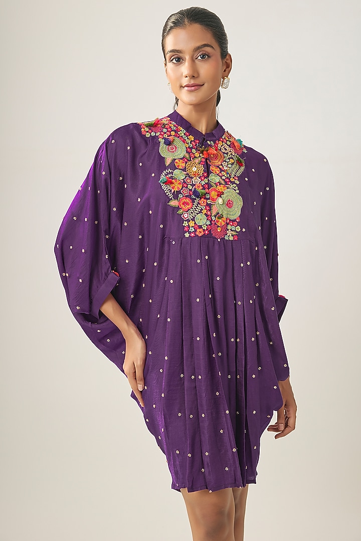Purple Gajji Silk Resham Embroidered Pleated Summer Dress by SHRADDHA RAMBHIA at Pernia's Pop Up Shop