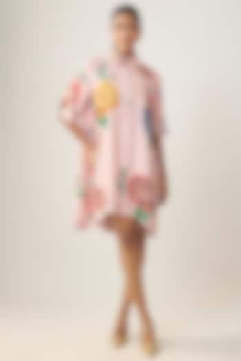 Pink Satin Raw Silk Floral Printed Summer Shirt Dress by SHRADDHA RAMBHIA at Pernia's Pop Up Shop
