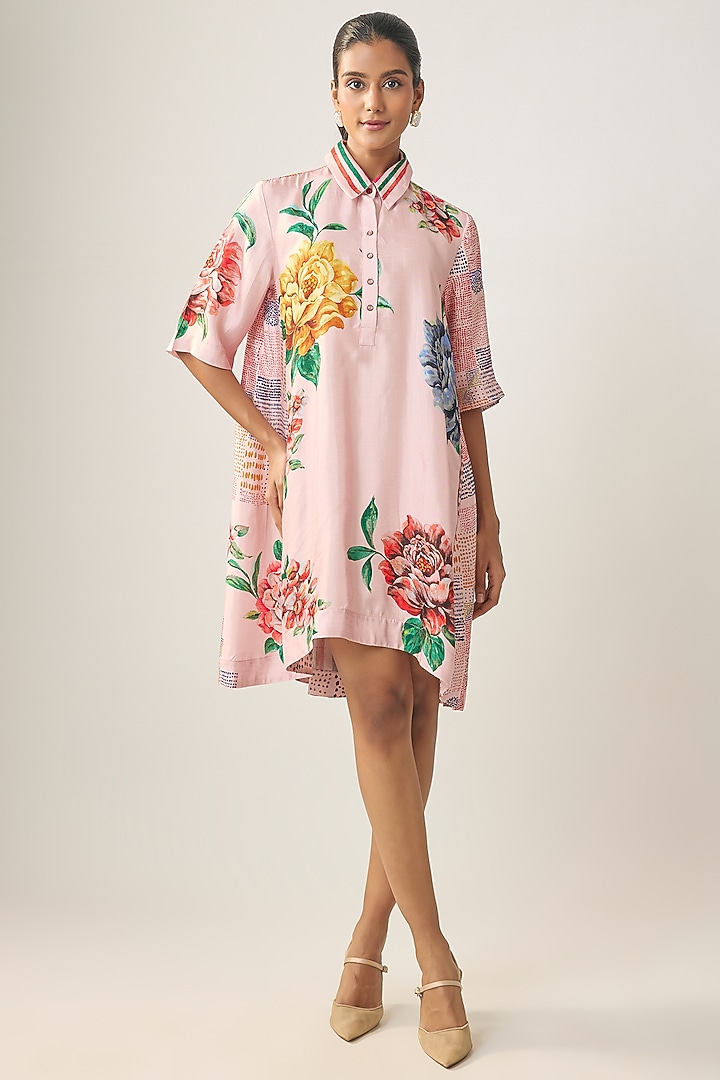 Pink Satin Raw Silk Floral Printed Summer Shirt Dress by SHRADDHA RAMBHIA at Pernia's Pop Up Shop