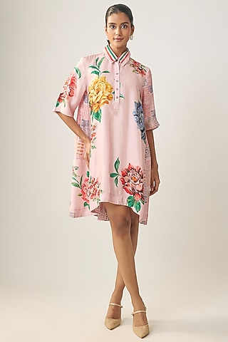 Pink Satin Raw Silk Floral Printed Shirt Dress by SHRADDHA RAMBHIA