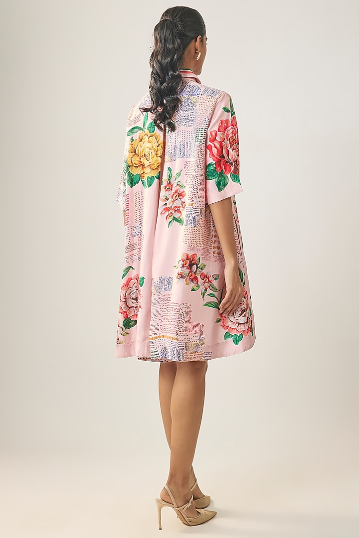 Pink Satin Raw Silk Floral Printed Summer Shirt Dress by SHRADDHA RAMBHIA at Pernia's Pop Up Shop