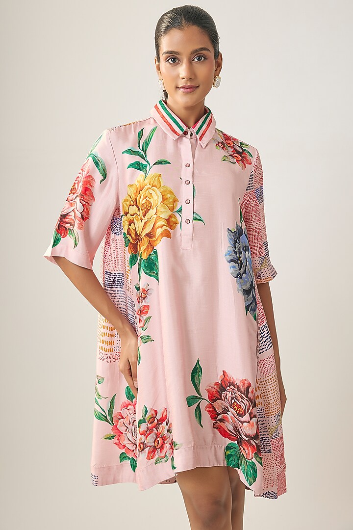 Pink Satin Raw Silk Floral Printed Summer Shirt Dress by SHRADDHA RAMBHIA at Pernia's Pop Up Shop