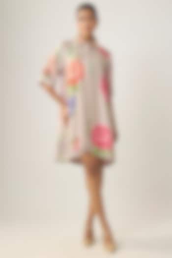 Beige Satin Raw Silk Floral Printed Summer Shirt Dress by SHRADDHA RAMBHIA at Pernia's Pop Up Shop
