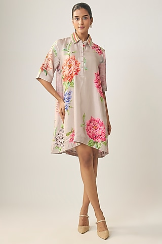 Beige Satin Raw Silk Floral Printed Shirt Dress by SHRADDHA RAMBHIA
