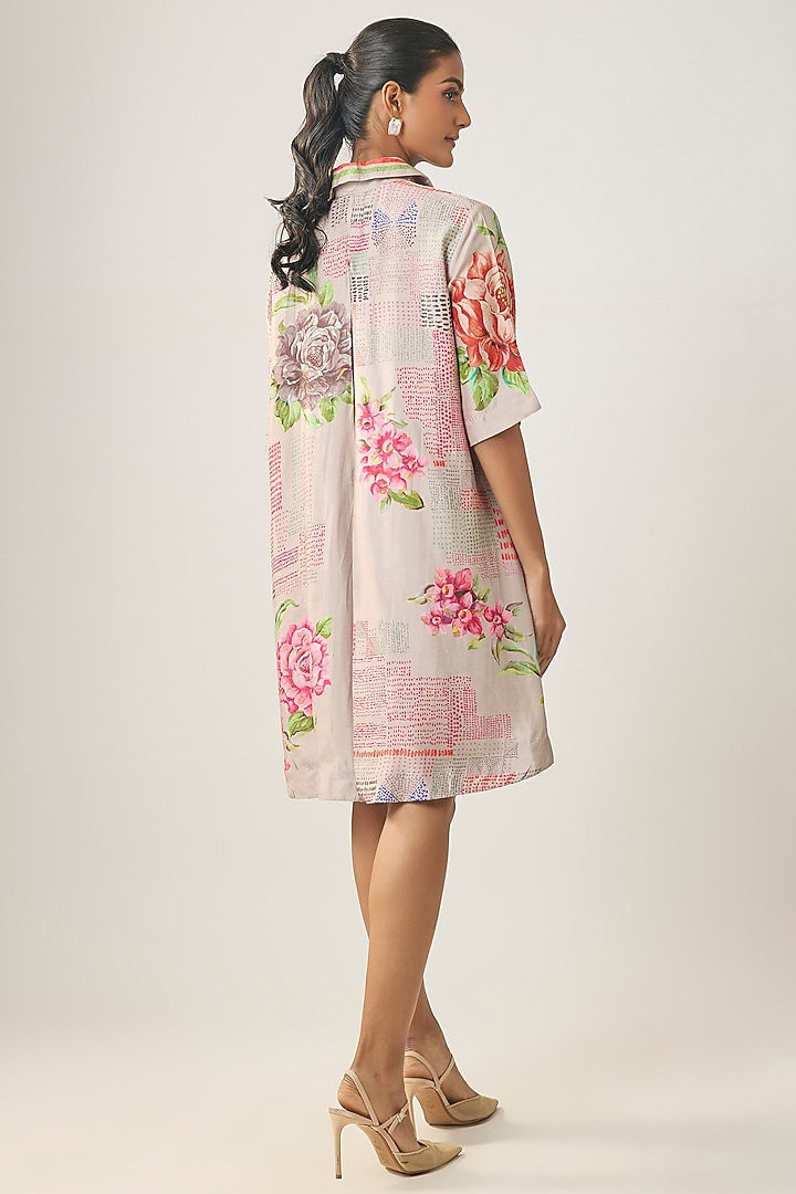 Beige Satin Raw Silk Floral Printed Summer Shirt Dress by SHRADDHA RAMBHIA at Pernia's Pop Up Shop