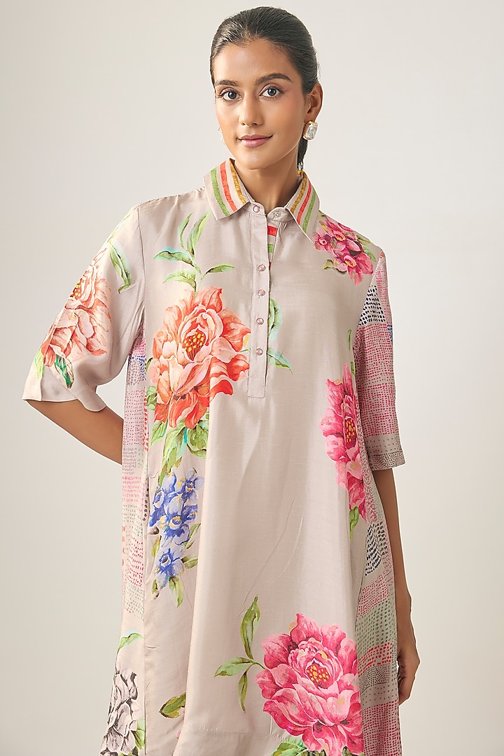 Beige Satin Raw Silk Floral Printed Summer Shirt Dress by SHRADDHA RAMBHIA at Pernia's Pop Up Shop