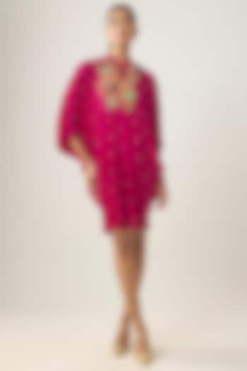 Rani Pink Gajji Silk Resham Embroidered Pleated Summer Dress by SHRADDHA RAMBHIA at Pernia's Pop Up Shop
