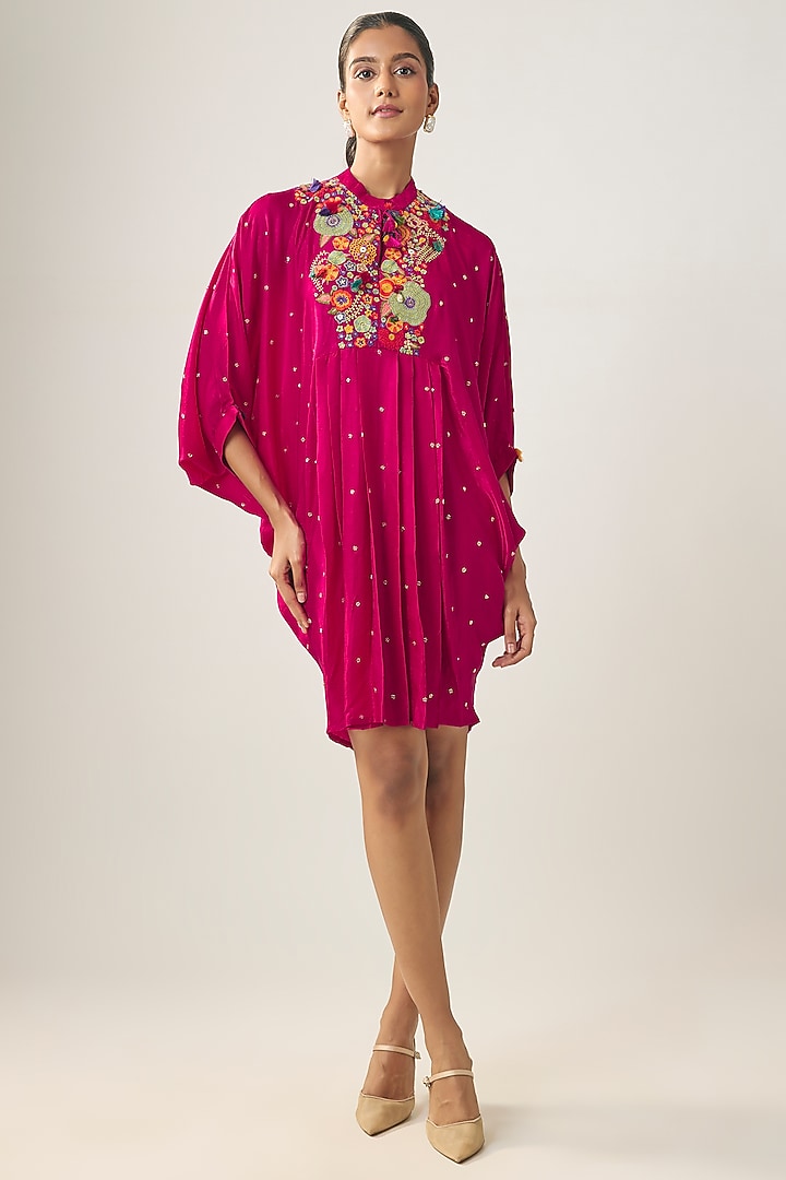 Rani Pink Gajji Silk Resham Embroidered Pleated Summer Dress by SHRADDHA RAMBHIA at Pernia's Pop Up Shop