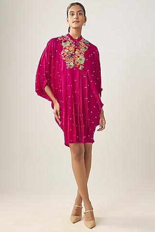 Rani Pink Gajji Silk Resham Embroidered Pleated Dress by SHRADDHA RAMBHIA