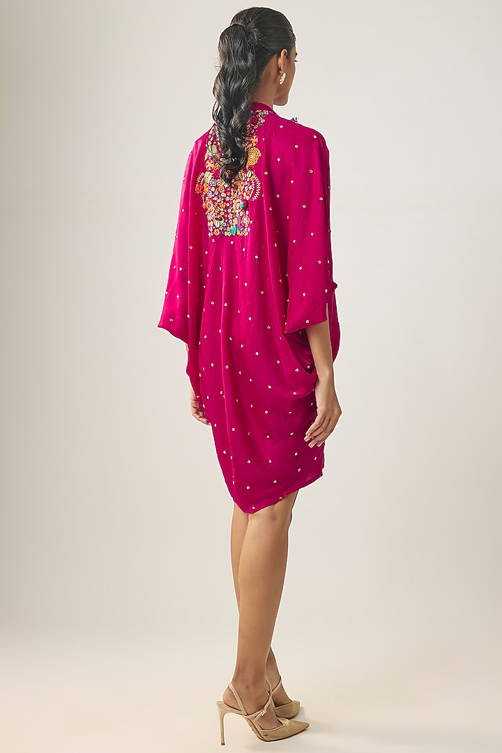 Rani Pink Gajji Silk Resham Embroidered Pleated Summer Dress by SHRADDHA RAMBHIA at Pernia's Pop Up Shop