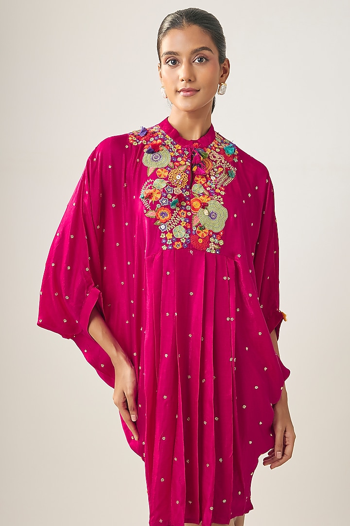 Rani Pink Gajji Silk Resham Embroidered Pleated Summer Dress by SHRADDHA RAMBHIA at Pernia's Pop Up Shop
