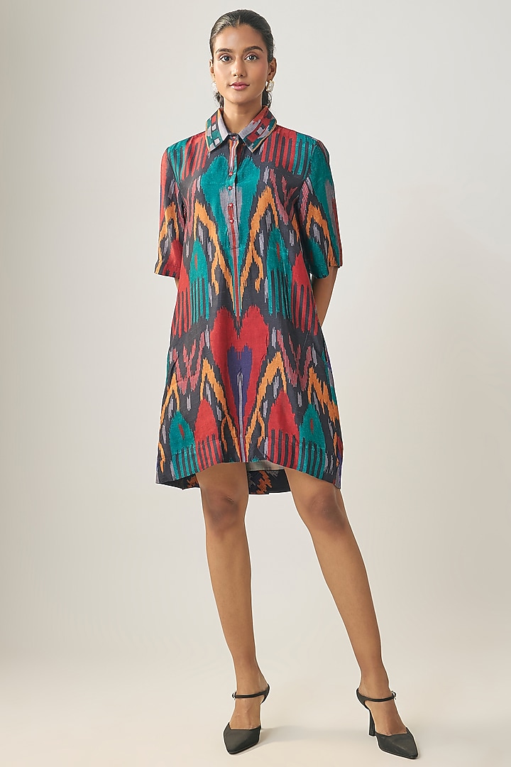 Multi-Colored Satin Raw Silk Ikat Summer Dress by SHRADDHA RAMBHIA at Pernia's Pop Up Shop