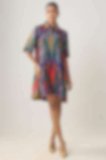 Multi-Colored Satin Raw Silk Ikat Summer Dress by SHRADDHA RAMBHIA at Pernia's Pop Up Shop