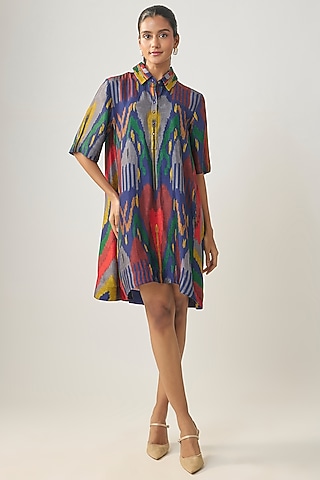 Multi-Colored Satin Raw Silk Ikat Dress by SHRADDHA RAMBHIA