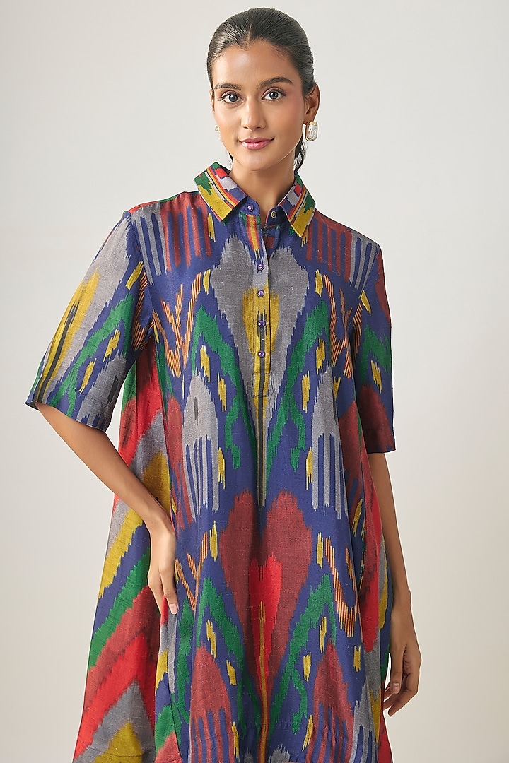 Multi-Colored Satin Raw Silk Ikat Summer Dress by SHRADDHA RAMBHIA at Pernia's Pop Up Shop
