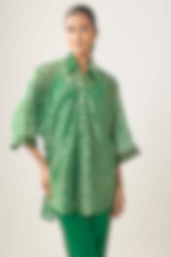 Green Banarasi Stripe Shirt by SHRADDHA RAMBHIA at Pernia's Pop Up Shop