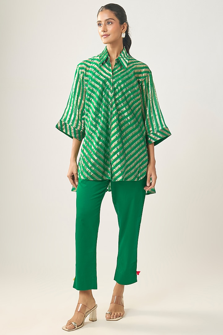 Green Banarasi Stripe Shirt by SHRADDHA RAMBHIA at Pernia's Pop Up Shop