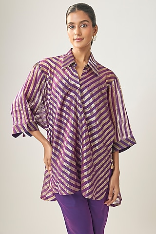 Purple Banarasi Stripe Shirt by SHRADDHA RAMBHIA