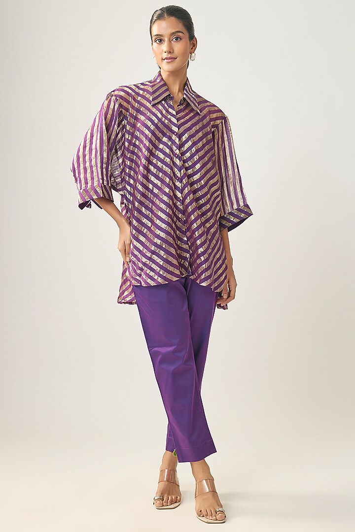 Purple Banarasi Stripe Shirt by SHRADDHA RAMBHIA at Pernia's Pop Up Shop