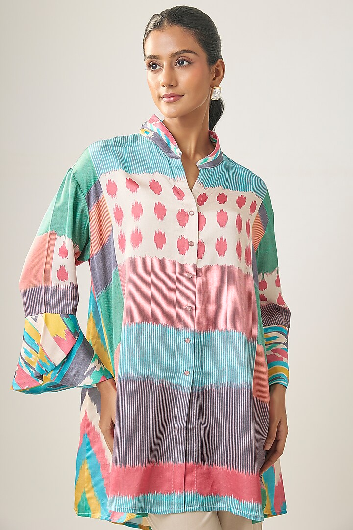 Multi-Colored Gajji Silk Ikat Shirt by SHRADDHA RAMBHIA at Pernia's Pop Up Shop