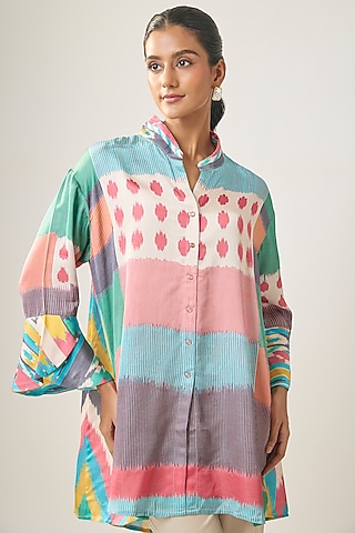 Multi-Colored Gajji Silk Ikat Shirt by SHRADDHA RAMBHIA