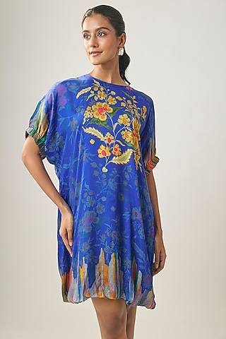 Royal Blue Gajji Silk Printed Dress by SHRADDHA RAMBHIA