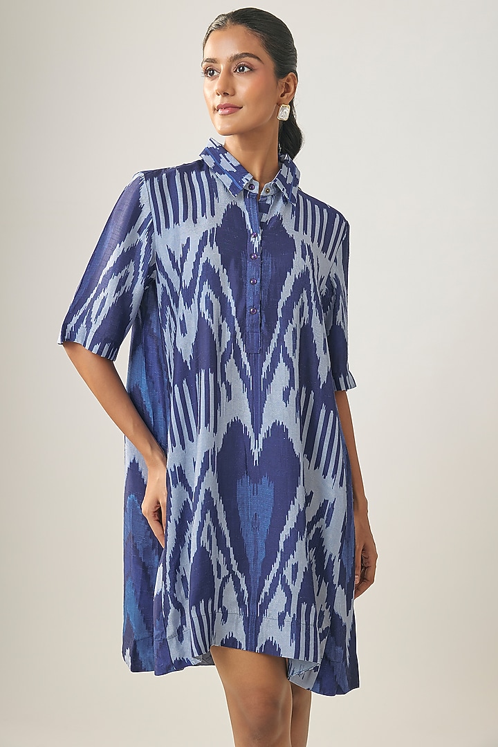 Multi-Colored Satin Raw Silk Ikat Summer Shirt Dress by SHRADDHA RAMBHIA at Pernia's Pop Up Shop