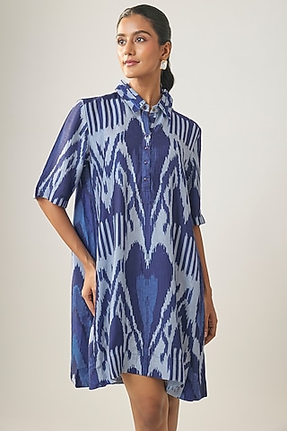 Multi-Colored Satin Raw Silk Ikat Shirt Dress by SHRADDHA RAMBHIA