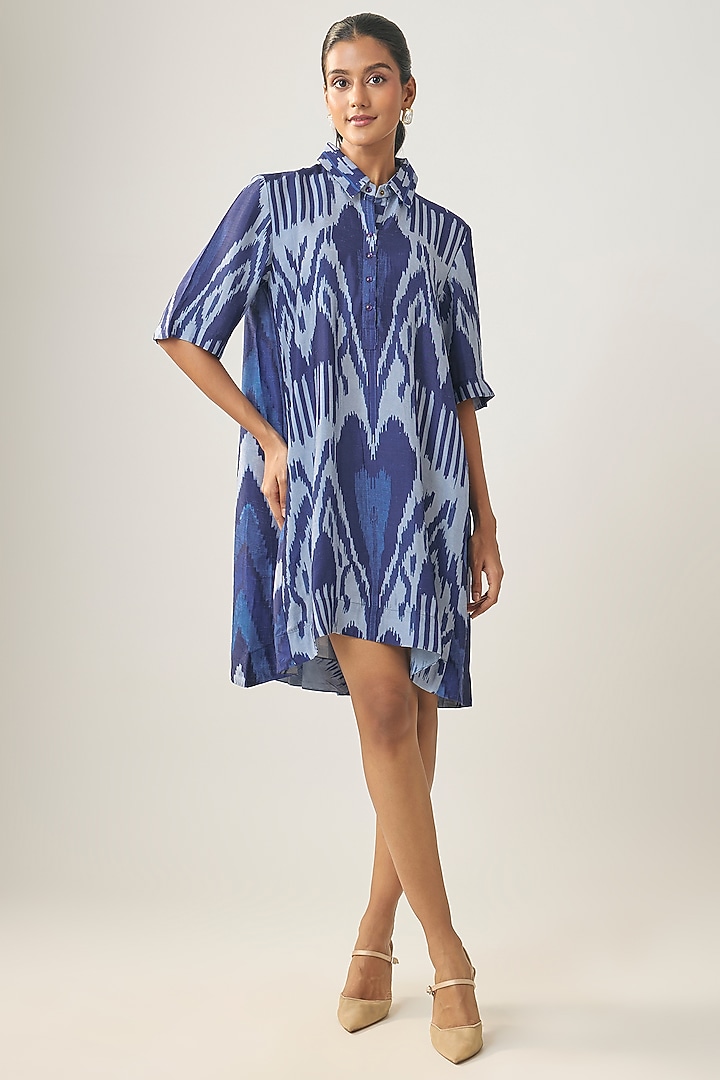 Multi-Colored Satin Raw Silk Ikat Summer Shirt Dress by SHRADDHA RAMBHIA at Pernia's Pop Up Shop