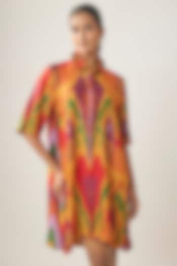 Multi-Colored Satin Raw Silk Ikat Summer Shirt Dress by SHRADDHA RAMBHIA at Pernia's Pop Up Shop